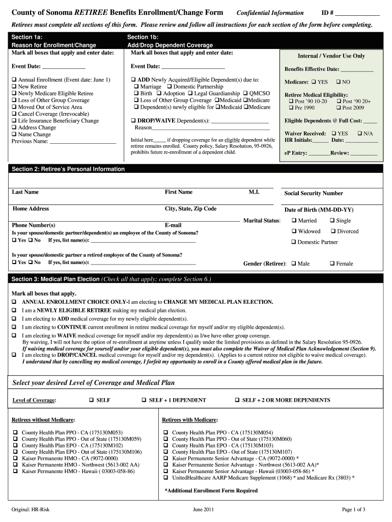 County of Sonoma Retiree Benefits Enrollment &amp; Change Form Hr Sonoma County