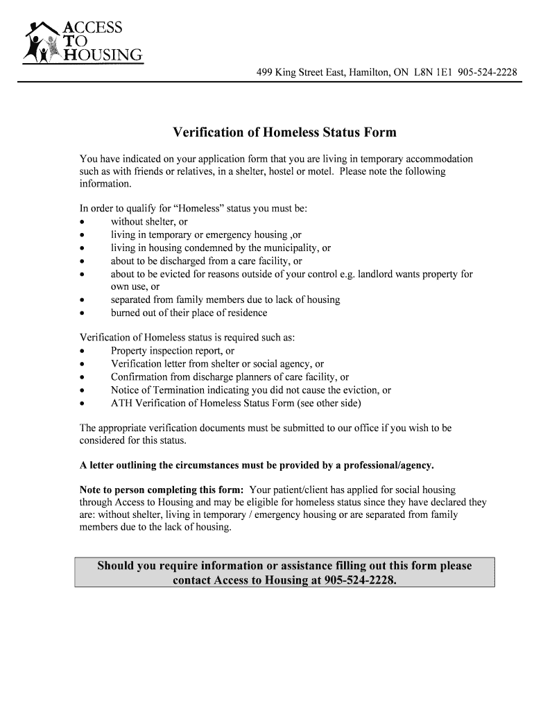 Verification of Homeless Status Form CityHousing Hamilton