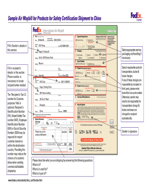 Sample Air Waybill for Products for Safety Certification FedEx  Form