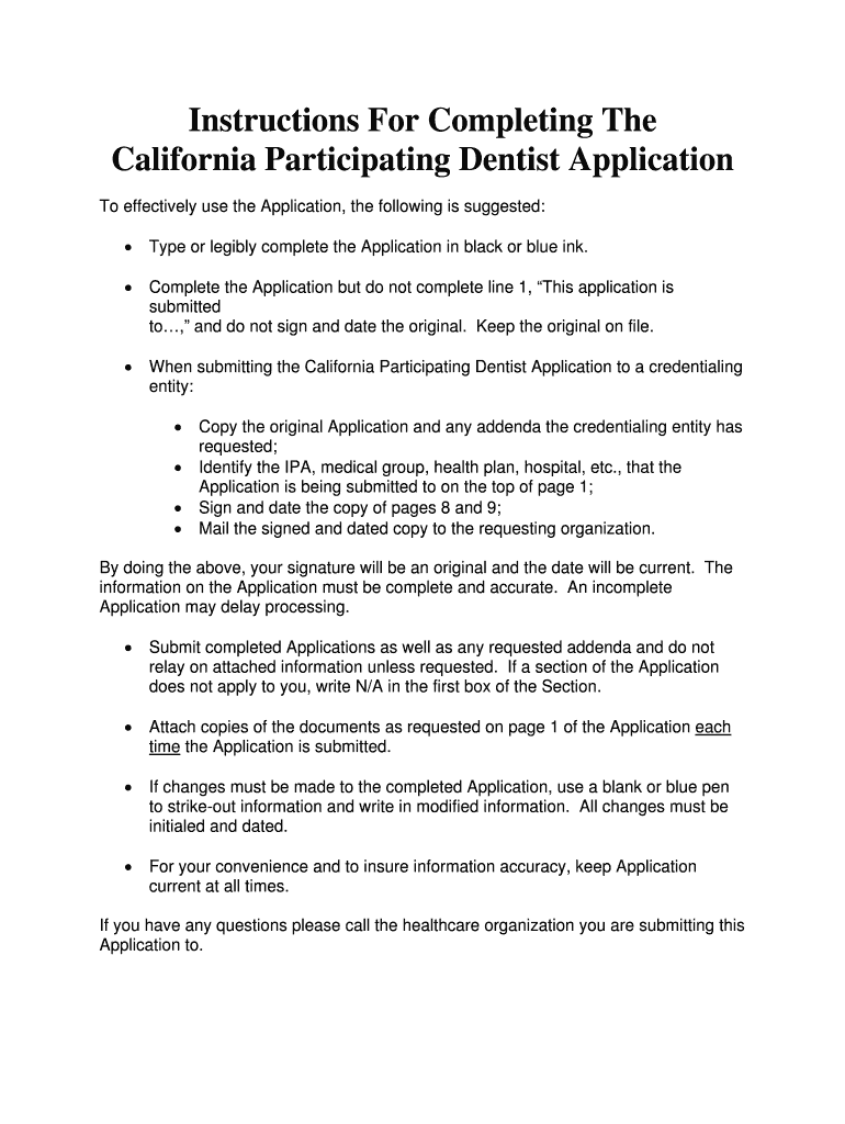 Instructions for Completing the California Participating Dentist  Form