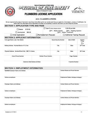 Plumbing License Applications Vermont Division of Fire Safety Firesafety Vermont  Form