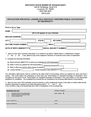 Reciprocal License Application Kentucky State Board of Accountancy Cpa Ky  Form