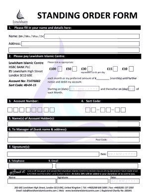 STANDING ORDER FORM Lewisham Islamic Centre