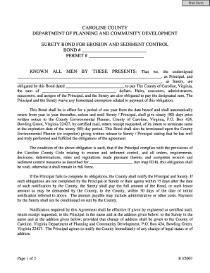 CAROLINE COUNTY DEPARTMENT of PLANNING and COMMUNITY DEVELOPMENT SURETY BOND for EROSION and SEDIMENT CONTROL BOND # PERMIT # KN  Form