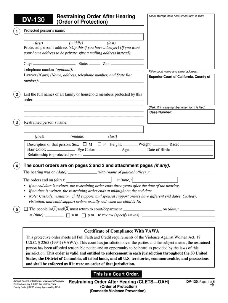  DV 130 Restraining Order After Hearing CLETS OAH Order of Protection Judicial Council Forms 2010