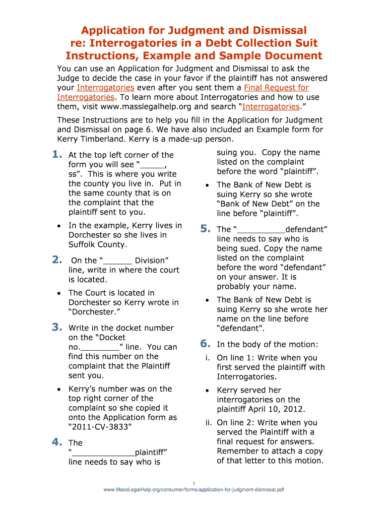 Application for Judgment and Dismissal Interrogatories 07 06 Rtf Masslegalhelp  Form