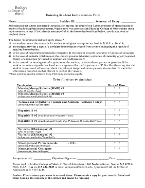 Massachusetts Berklee College Music Student Immunization  Form