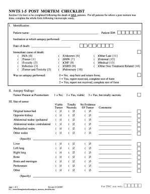 NWTS 1 5 POST MORTEM CHECKLIST National Wilms Tumor Study  Form