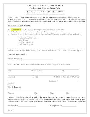  Valdosta State University Replacement Diploma Form 2013