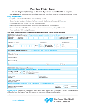 Get and Sign Member Claim Form Blue Cross and Blue Shield of North Carolina 2014