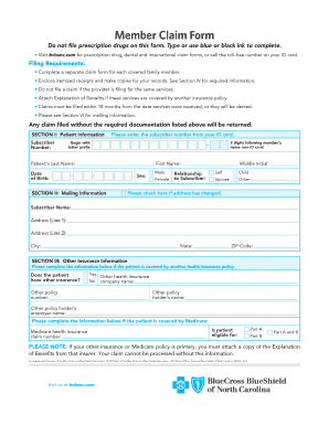  Member Claim Form Blue Cross and Blue Shield of North Carolina 2014