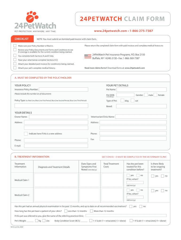  24petwatch Claim Form 2009