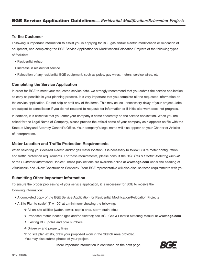  Bge Service Application for Residential Modificationrelocation Projects Form 2010