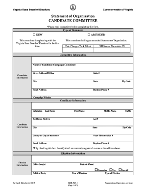 Statement of Organization CANDIDATE COMMITTEE Virginia State Sbe Virginia  Form