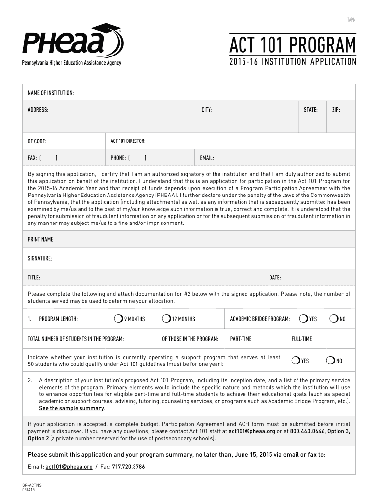 Act 101 New School Application PHEAA  Form