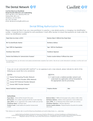Dental Billing Authorization Form CareFirst BlueCross BlueShield