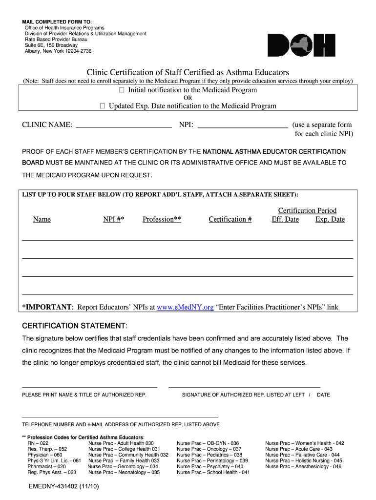 Clinic Certification of Staff Certified as Asthma EMedNY Org  Form