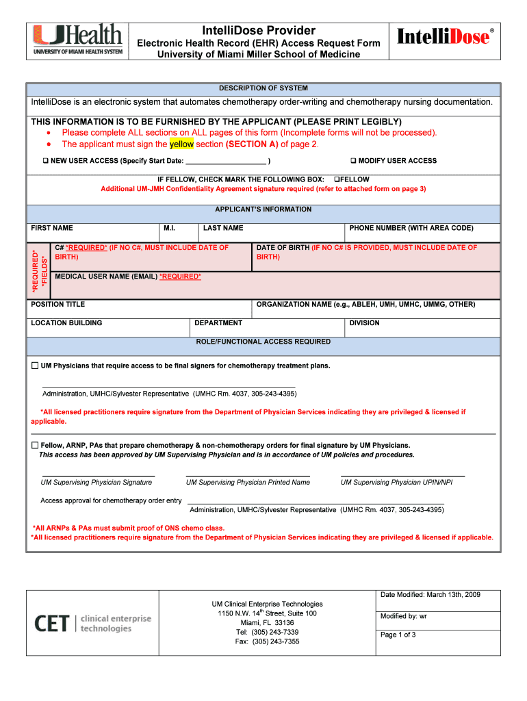 IntelliDose Provider Clinical Enterprise Technologies University of Cet Med Miami  Form