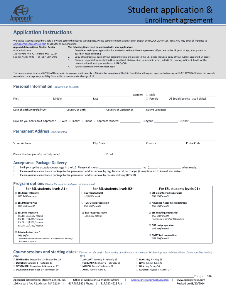 Application Instructions Approach ESL School  Form