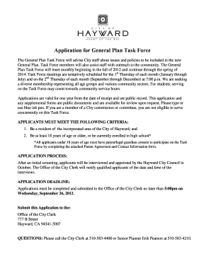 Application for General Plan Task Force City of HAYWARD  Form