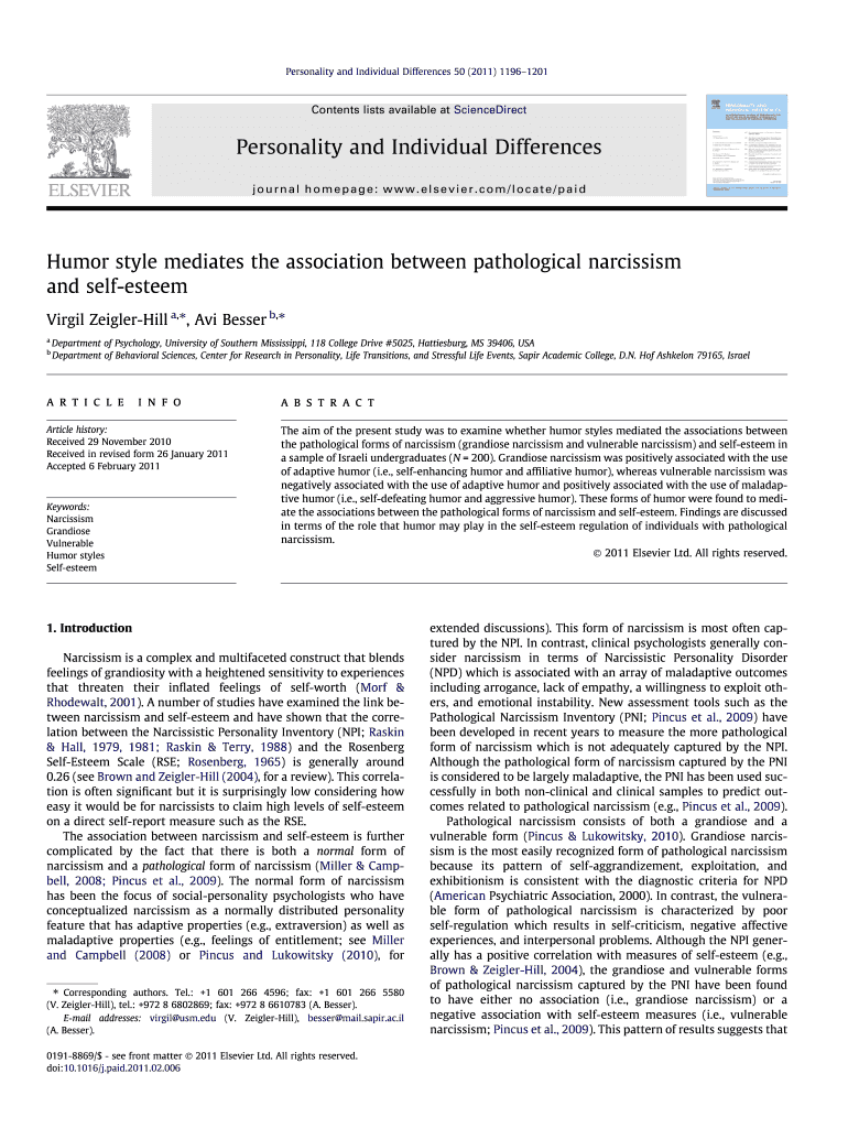 Humor Style Mediates the Association between Pathological Narcissism  Form