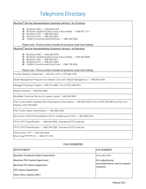 Telephone Directory Blue Cross of Northeastern Pennsylvania  Form