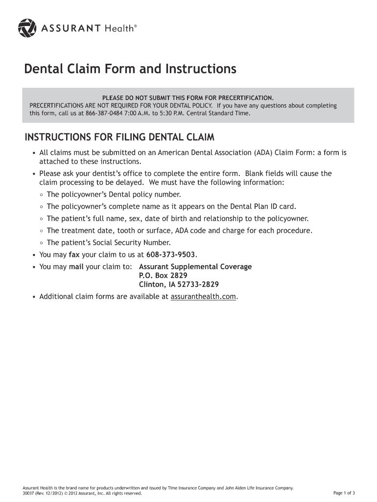 VoluntaryMart Dental Claim Form and Instructions Assurant Health
