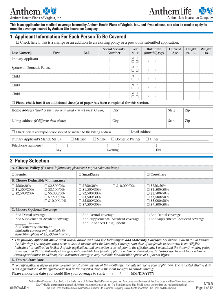 Individual Dental Application Anthem  Form