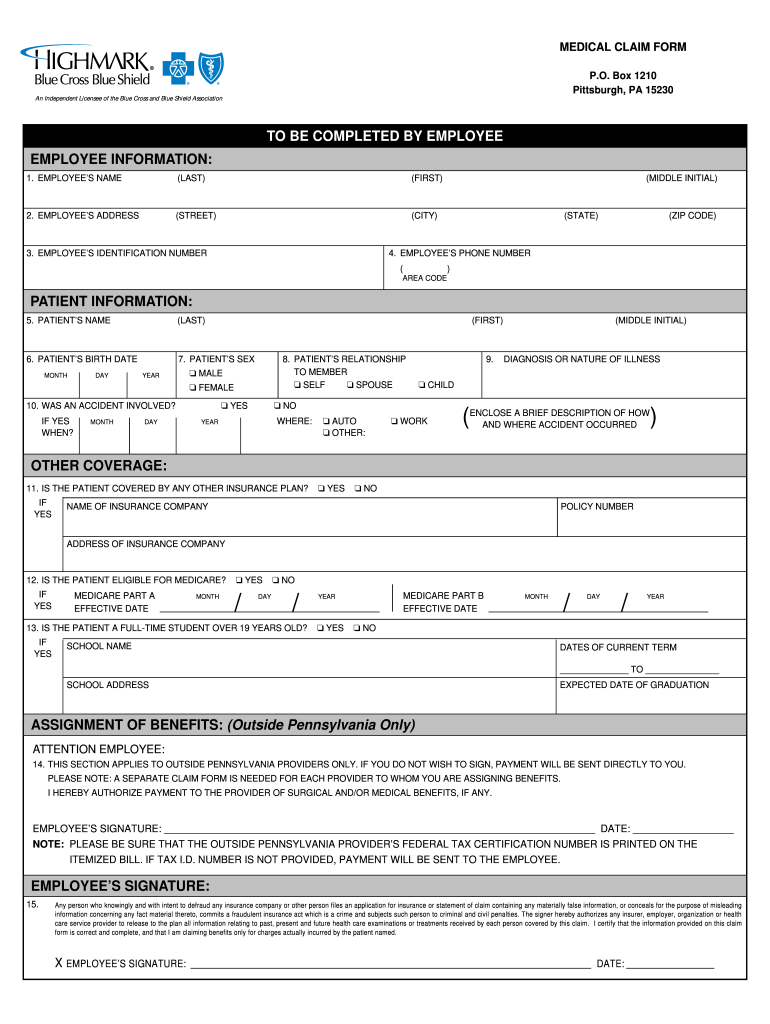  Highmark Claim Form 2000