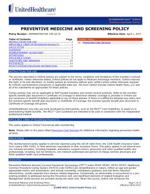 PREVENTIVE MEDICINE and SCREENING POLICY  Form