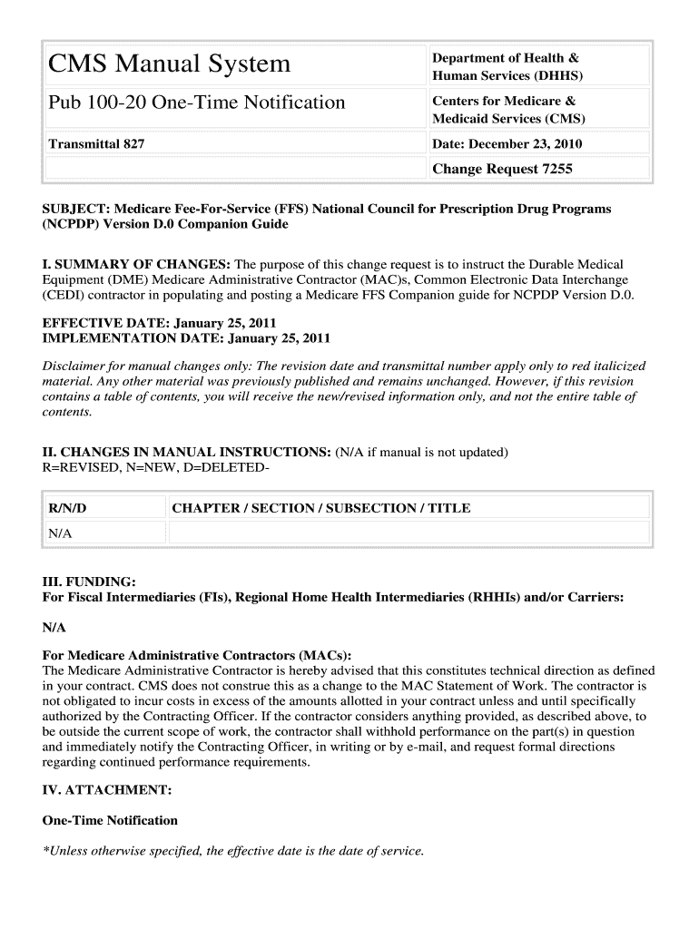 CMS Manual System Pub 100 20 One Time Notification Transmittal 827 Department of Health &amp;amp Cms  Form