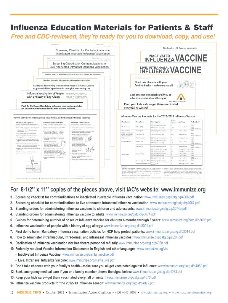 Needle Tips October Influenza Education Materials for Patients &amp; Staff Immunize  Form