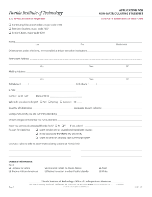Application for Non Matriculating Students Florida Institute of Fit  Form