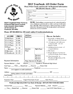 Yearbook AD Order Form Westbrook School Department Westbrookschools