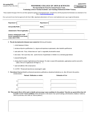 Faculty Pre Search Review Form for Weinberg Weinberg College