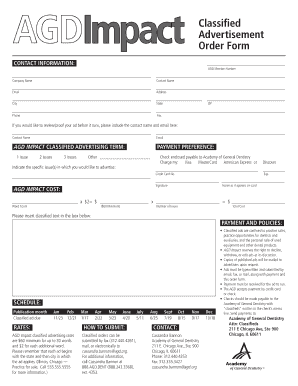 Classified Advertisement Order FOrm Academy of General Dentistry Agd