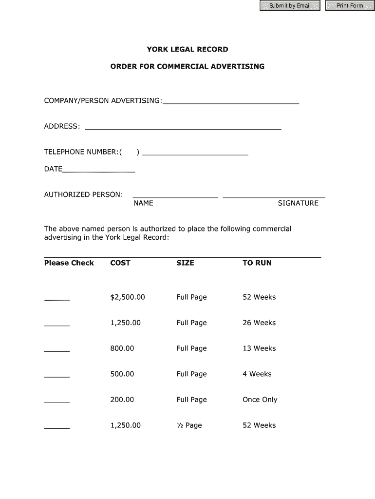 Commercial Advertising Order Form York Legal Record