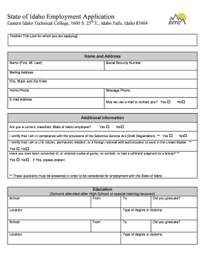 Employment Application Directions Eastern Idaho Technical College Eitc  Form