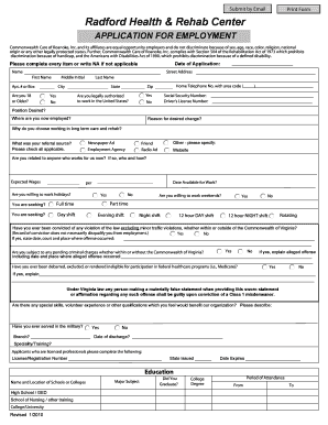 Radford Health &amp; Rehab Center APPLICATION for EMPLOYMENT  Form