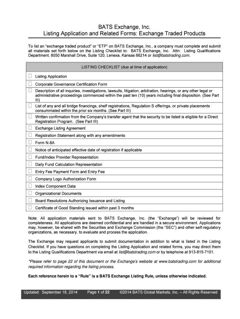 Listing Application and Related Forms Exchange Traded Products