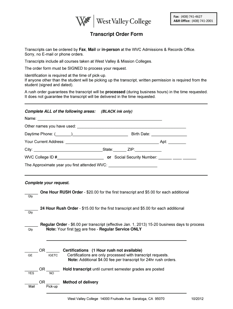  West Valley College Transcript Form PDF 2012