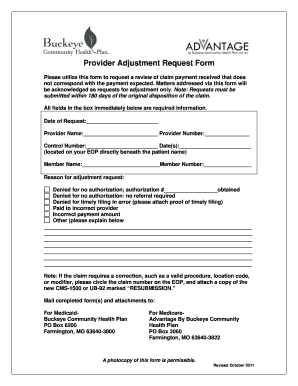  Buckeye Provider Adjustment Request Form 2011
