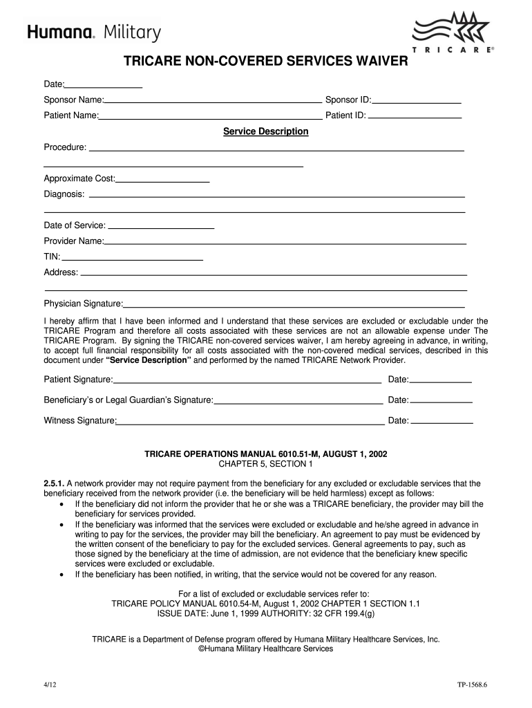  Tricare Non Covered Services Waiver  Form 2012