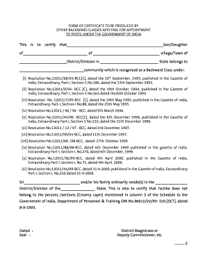 Form of Certificate to Be Produced by Other Backward Classes Applying for Appointment to Posts under the Government of India