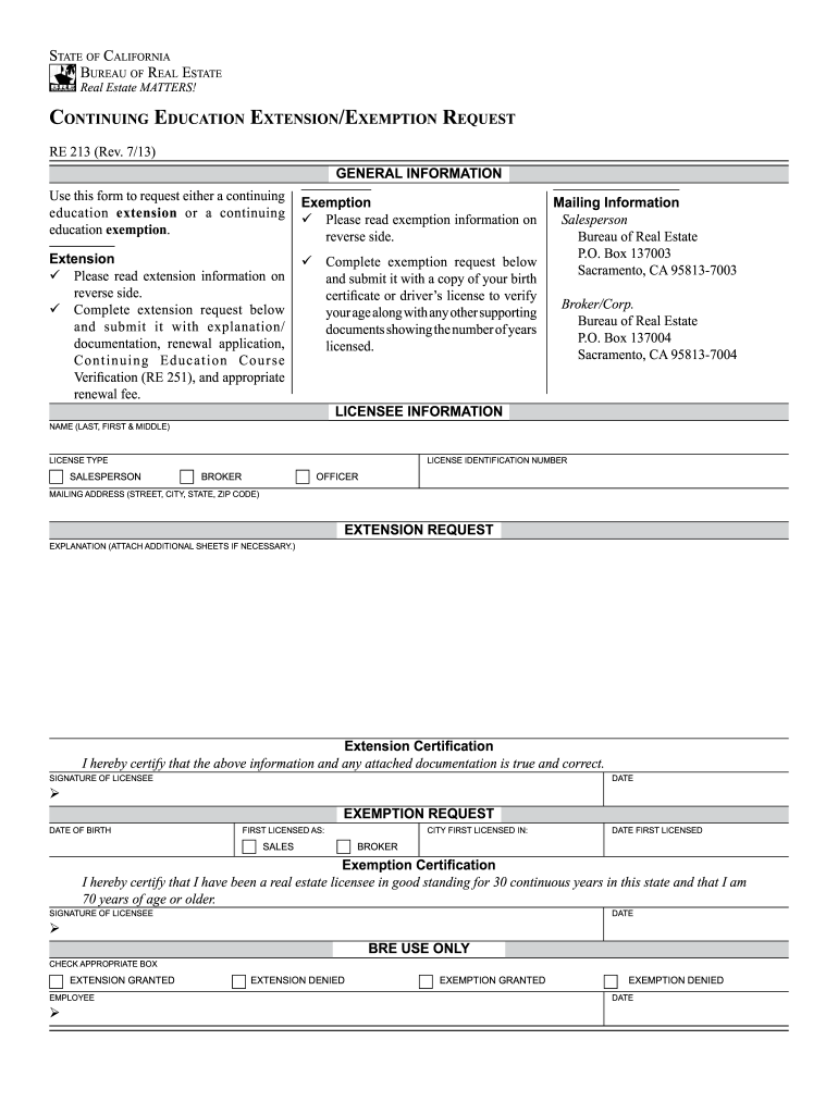  Continuing Education Extension Exemption Request Re 213 Form 2013