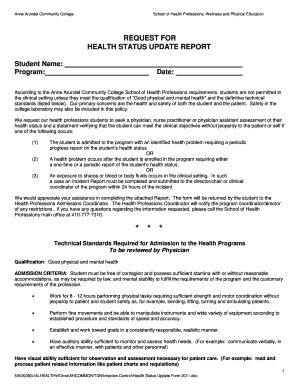 Anne Arundel Community College Health Status Update Report Form