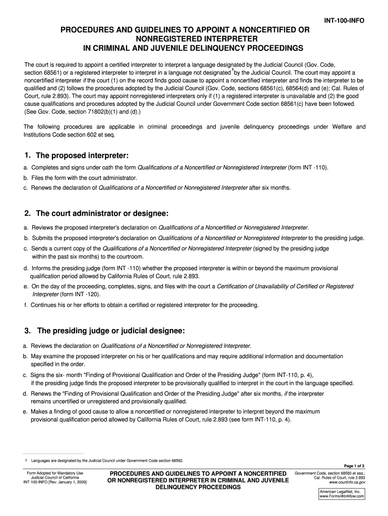  INT 100 INFO PROCEDURES and GUIDELINES to APPOINT a NONCERTIFIED or NONREGISTERED INTERPRETER in CRIMINAL and JUVENILE DELINQUEN 2009