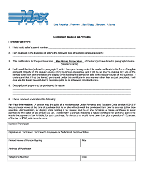 California Resale Certificate Example Filled Out  Form