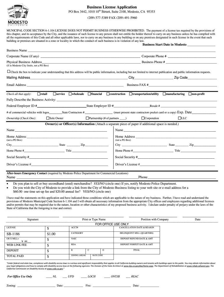City of Modesto Business License  Form