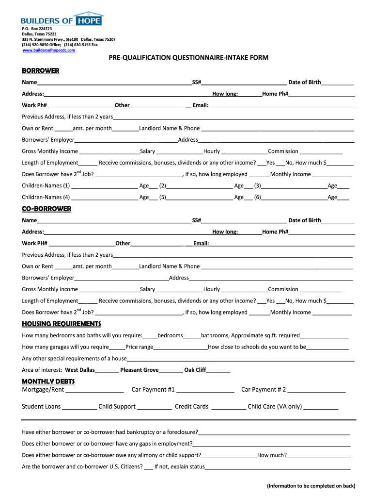 Pre Qualification Questionnaire Template  Form